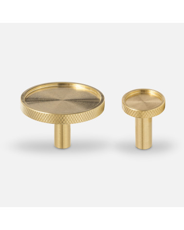 Botón de mueble de latón VERA tirador de diseño colocado sobre un fondo blanco