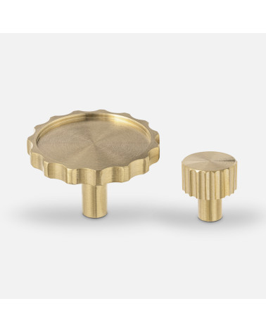 Botón de mueble dorado pulido LEXI tirador de diseño alineado horizontalmente sobre fondo blanco