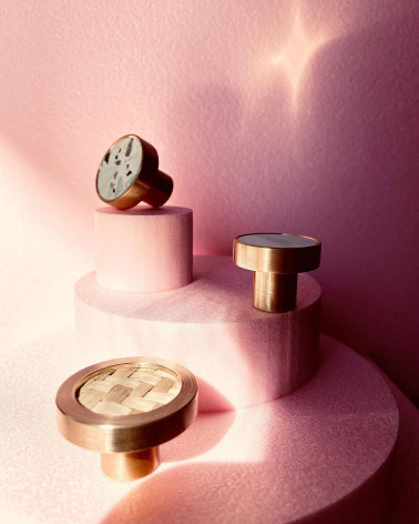 Botón de mueble en latón y herbarios marinos tirador design destacado sobre un expositor rosa