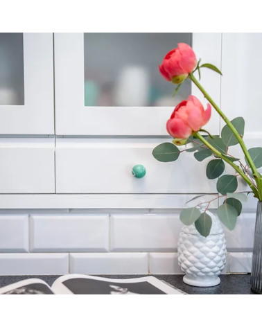 Botón de mueble de madera de haya verde intenso, tirador de diseño montado en un mueble con rosas encima