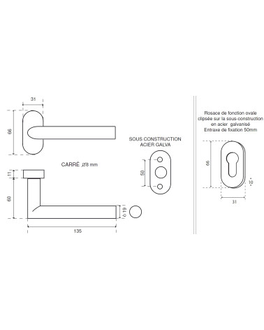 Dimensiones del tirador de puerta negro sobre una roseta oval para un perfil estrecho