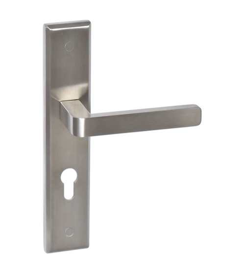 Tirador de puerta en acero inoxidable sobre placa larga modelo Soho Prestige con agujero de cilindro - millapoignees