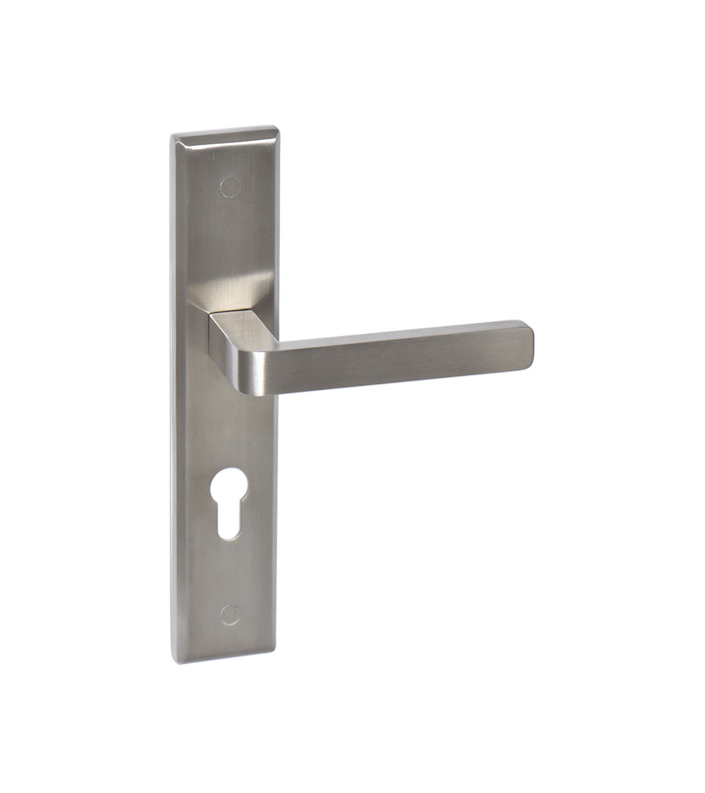Tirador de puerta en acero inoxidable sobre placa larga modelo Soho Prestige con agujero de cilindro - millapoignees