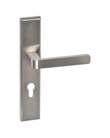Tirador de puerta en acero inoxidable sobre placa larga modelo Soho Prestige con agujero de cilindro - millapoignees