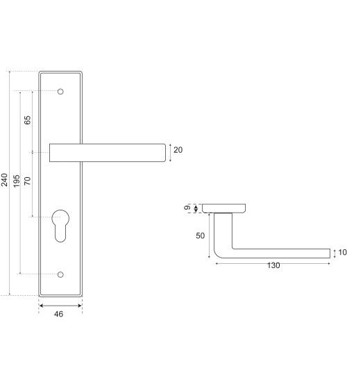 Tirador de puerta en acero inoxidable sobre placa larga modelo Soho Prestige con agujero de cilindro - millapoignees