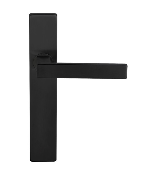 Manilla de puerta negra sobre placa rectangular con fijaciones invisibles, entre ejes 70 - modelo Majestea
