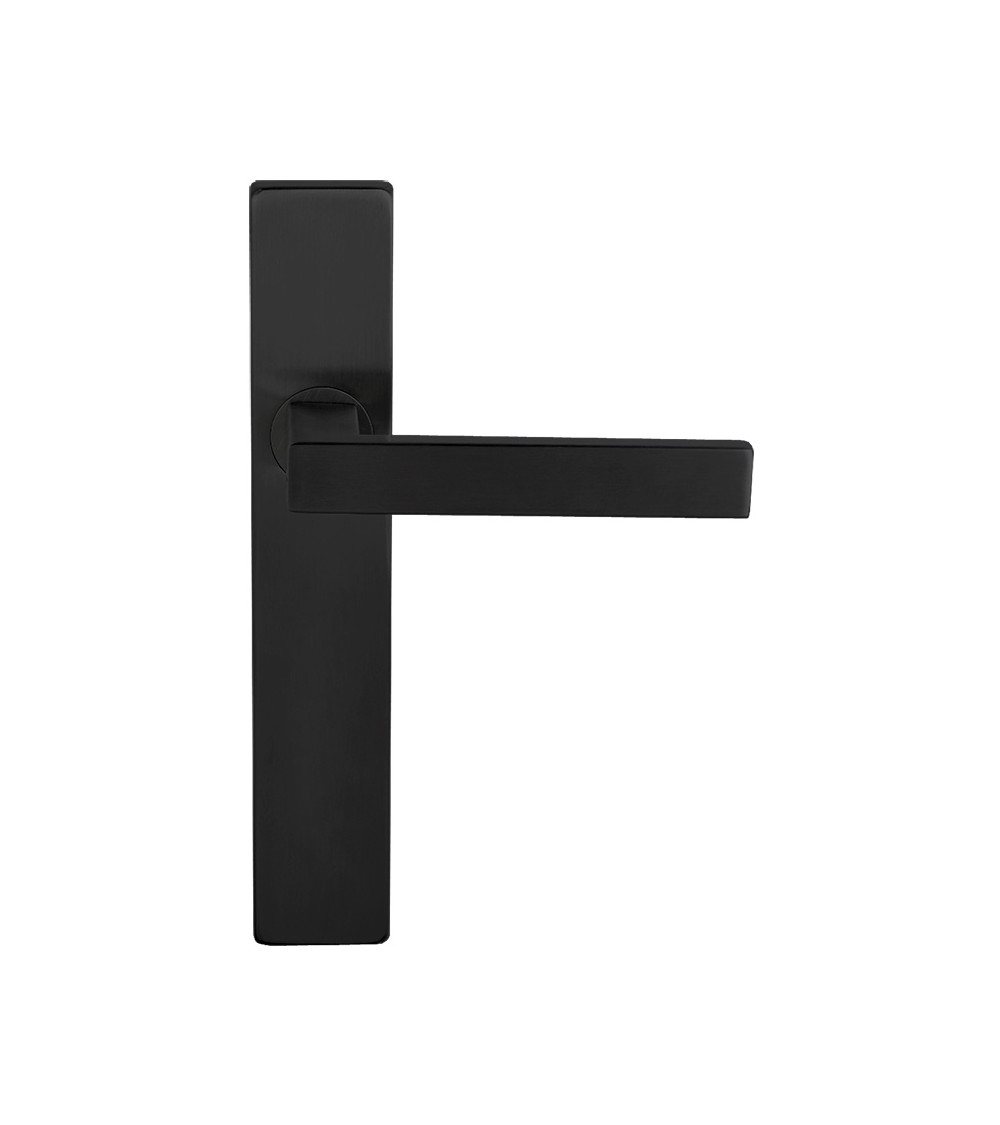 Manilla de puerta negra sobre placa rectangular con fijaciones invisibles, entre ejes 70 - modelo Majestea