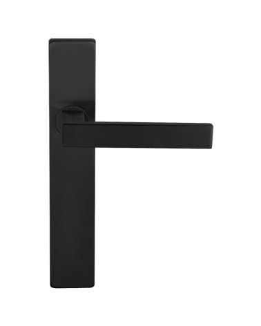 Manilla de puerta negra sobre placa rectangular con fijaciones invisibles, entre ejes 70 - modelo Majestea