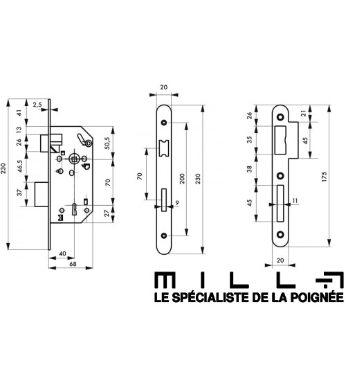 Cerradura de diseño empotrable Thirard MONOMAX NF placa de cierre en acero negro, eje 40mm, entre ejes 70mm, para habitación - d