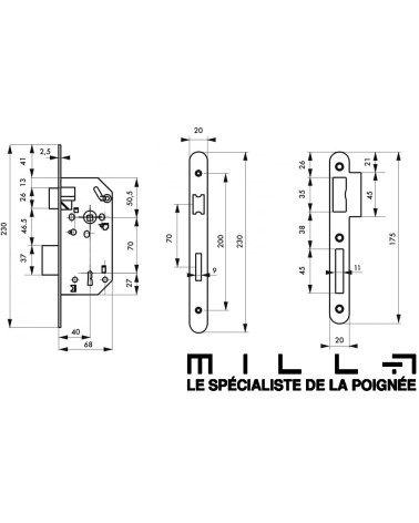 Cerradura de diseño embutida Thirard MONOMAX NF cabezal de acero negro, eje 40mm, entreejes 70mm, para dormitorio