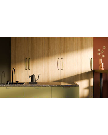 Tirador de mueble marrón oliva SONGO tirador de diseño visto de frente montado en muebles de cocina
