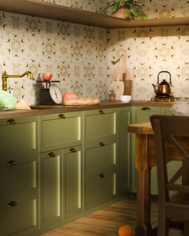 Tirador de mueble patinado sobre latón ASHEMA tirador de diseño vista de lejos montado en un mueble de cocina