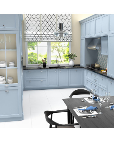 Tirador de mueble cromo pulido ASHEMA tirador de diseño vista de lejos montado en un mueble de cocina