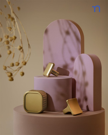 Botón de mueble dorado pulido SIENA tirador de diseño presentado con otros botones